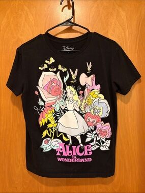 Disney Black Alice in Wonderland Graphic Tee with Pastel Floral Art